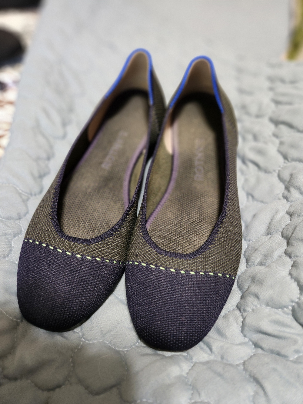 Rothy's Sz 6.5 Olive Knit Ballet Flats with Navy Toe Cap